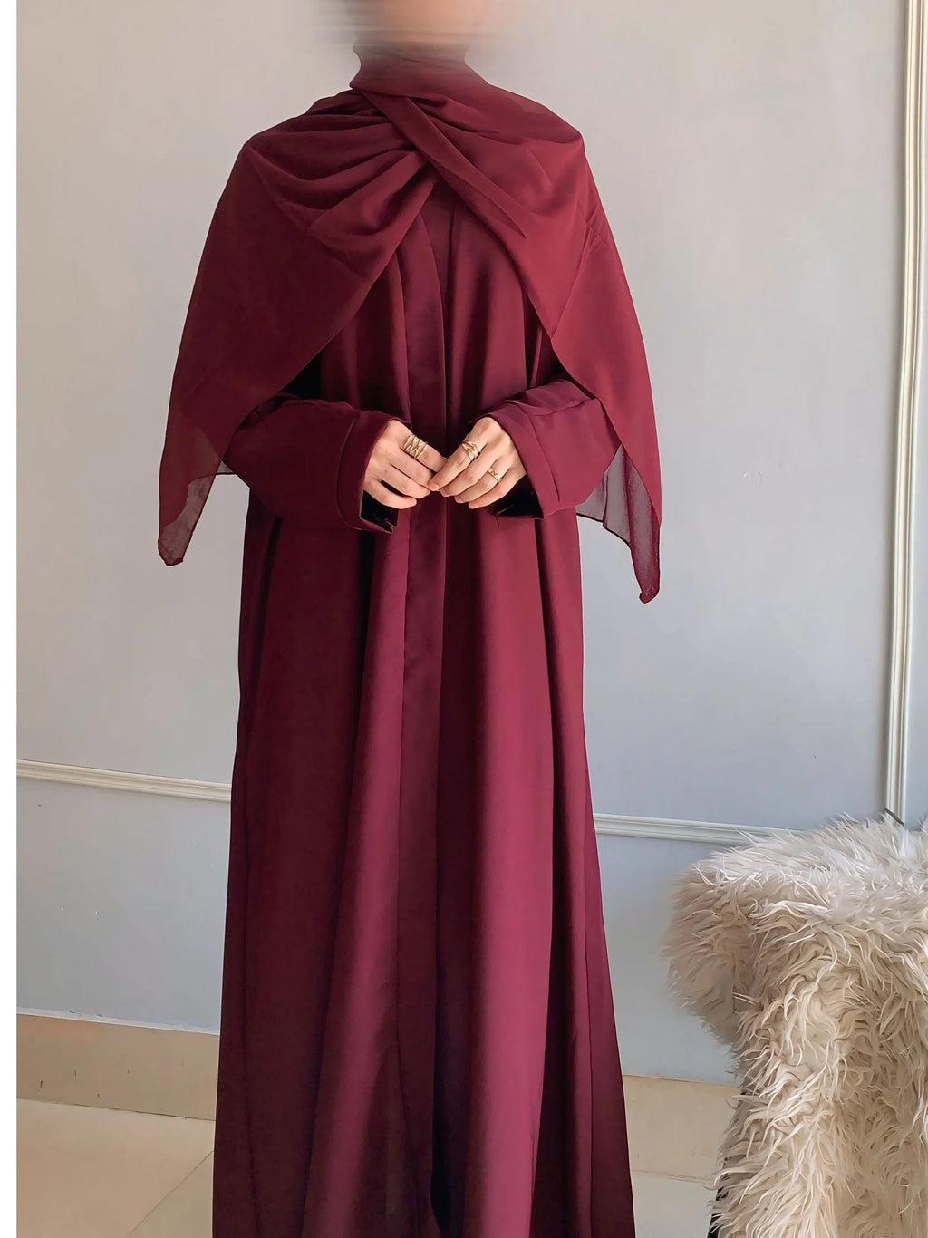 Premium Zoom Front Open Abaya – Free Scarf included ( Blood red ) 60% OFF