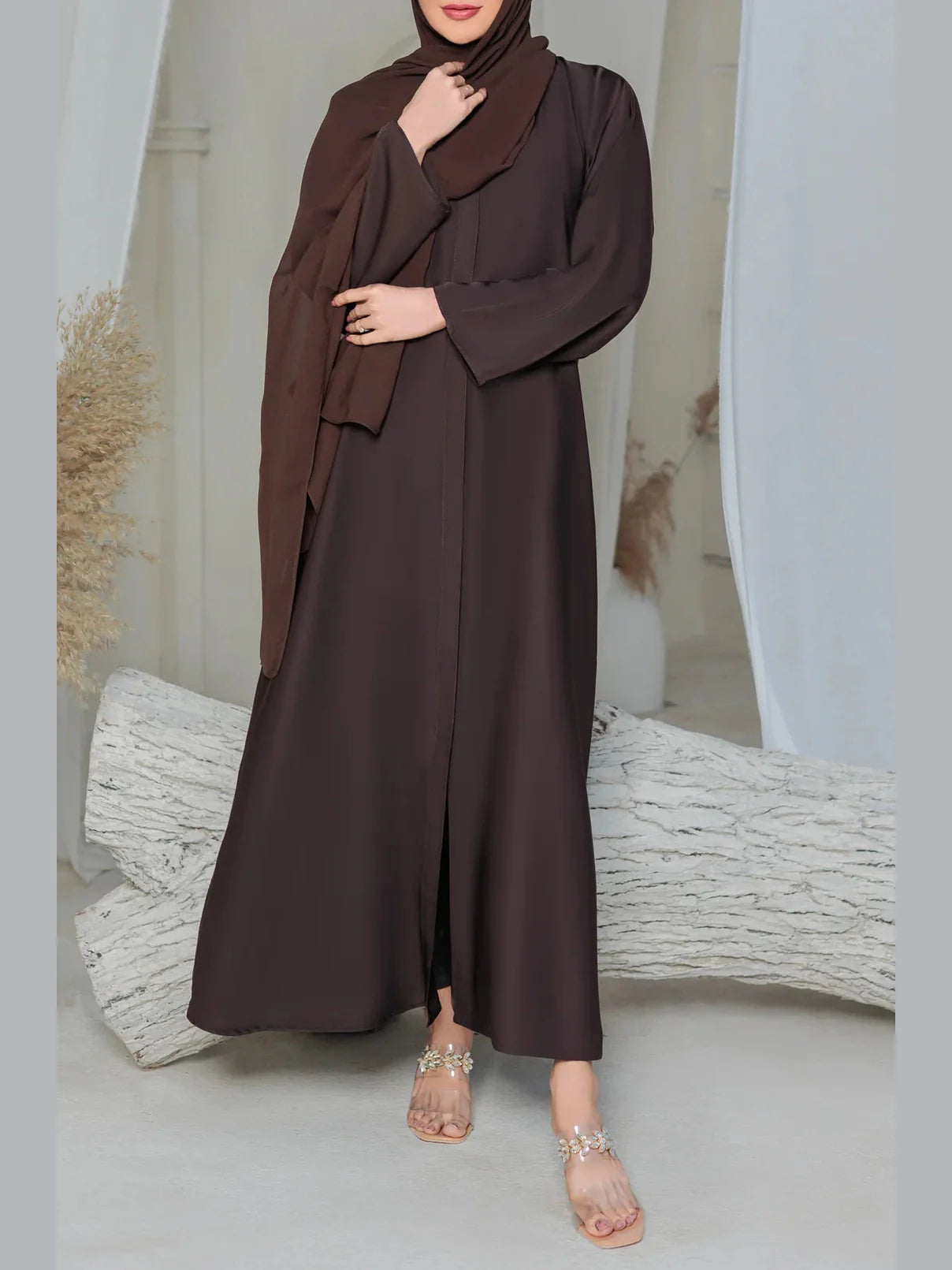 Nina Premium Front open abaya  – Free Scarf included ( Brown ) 60% OFF