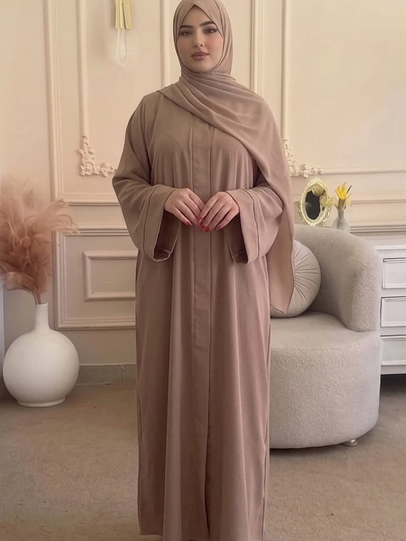 Premium Zoom Front Open Abaya – Free Scarf included ( Mushroom beige ) 60% OFF