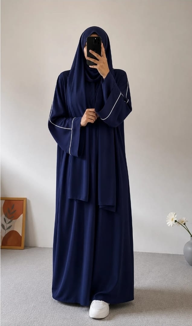 PLAIN ABAYA WITH WHITE LINEA - Navy