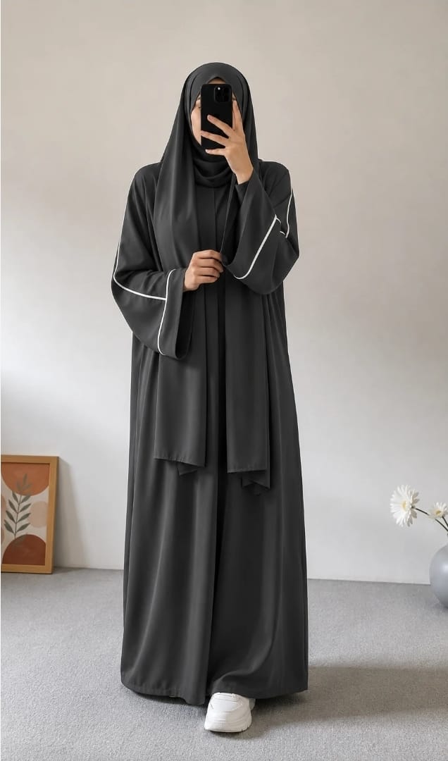 PLAIN ABAYA WITH WHITE LINEA - Dark Grey