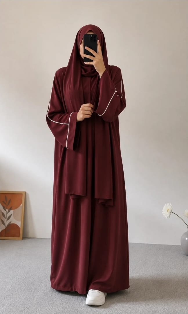 PLAIN ABAYA WITH WHITE LINEA - Maroon