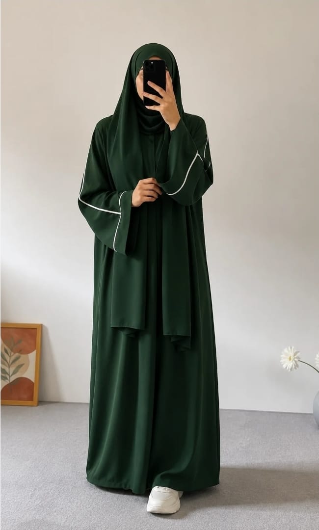 PLAIN ABAYA WITH WHITE LINEA - Green