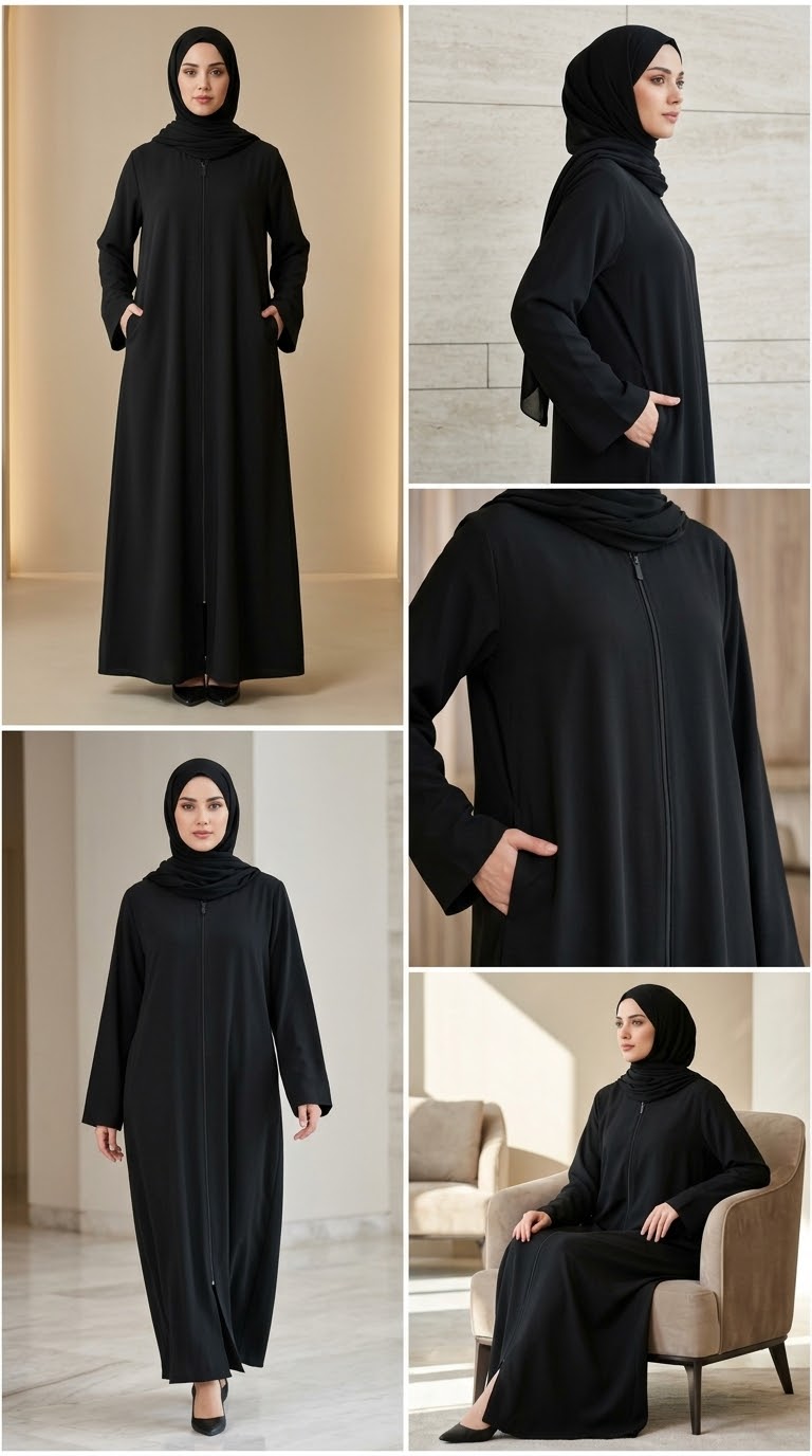 Plain Zip Abaya - Black