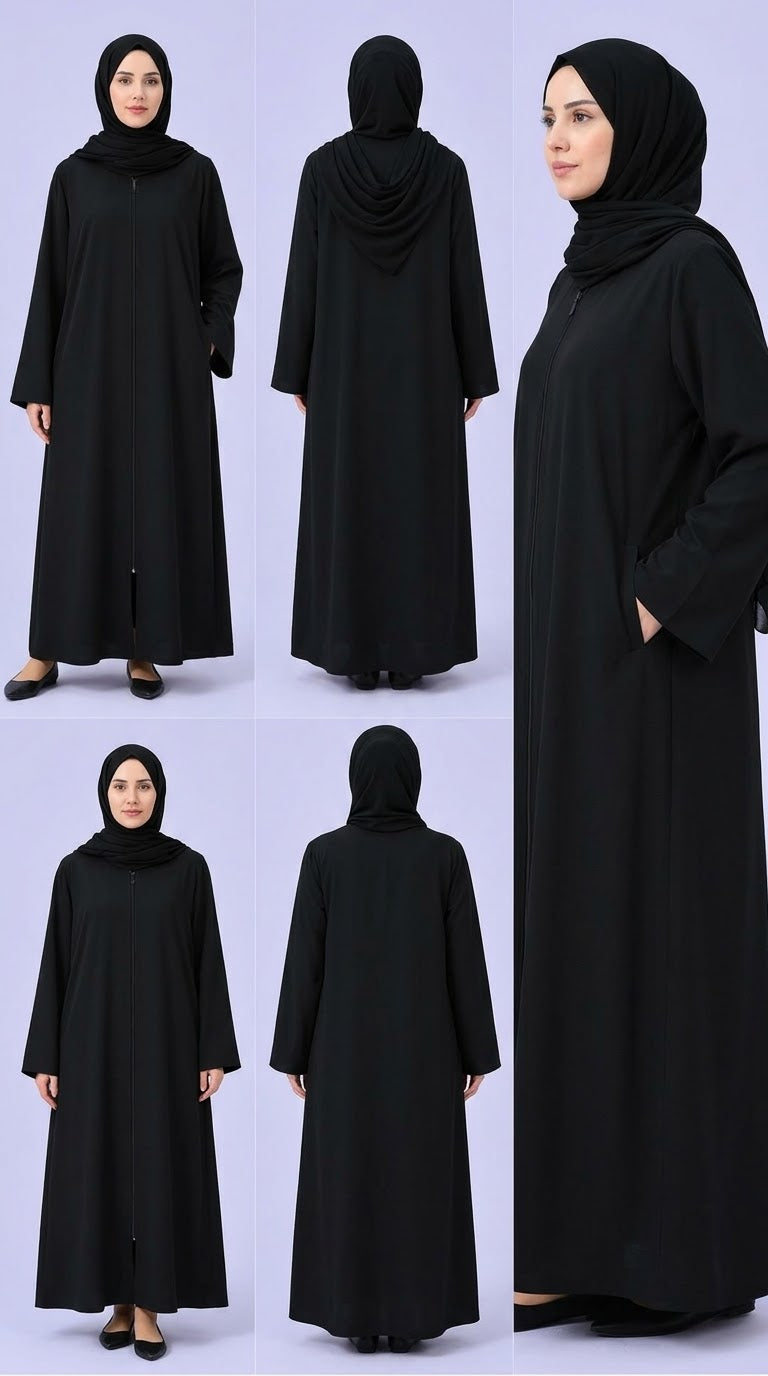 Plain Zip Abaya - Black
