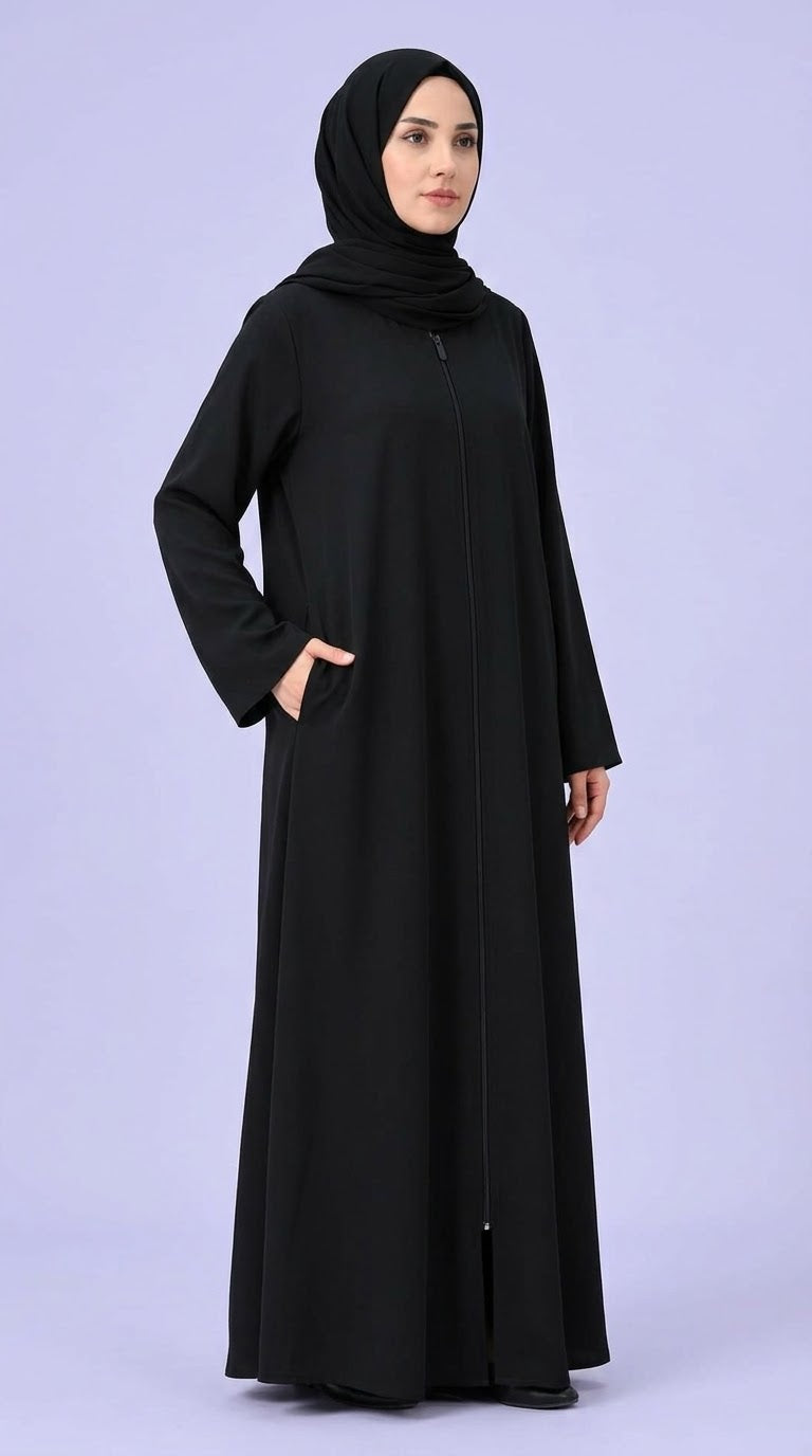 Plain Zip Abaya - Black