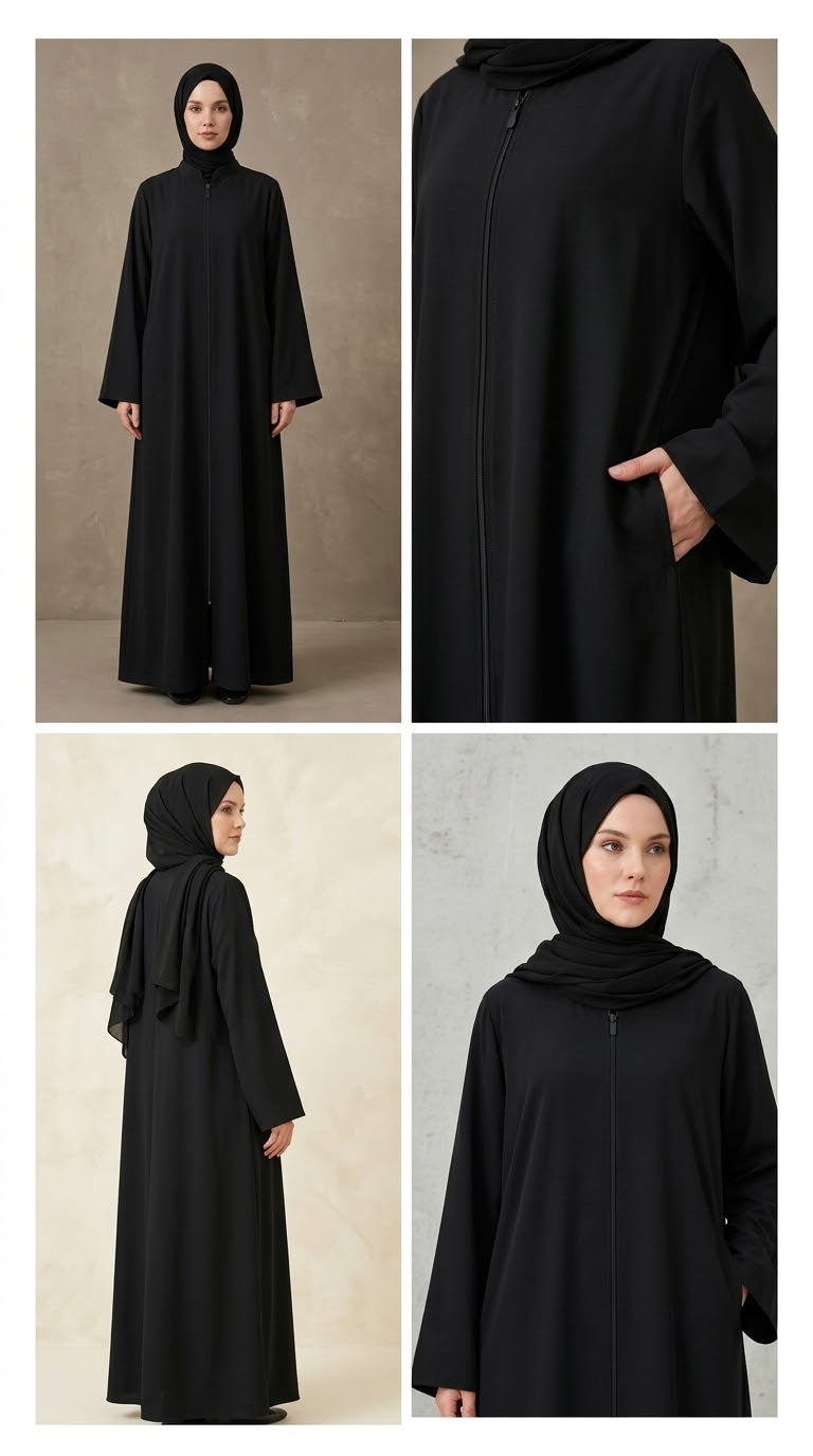Plain Zip Abaya - Black
