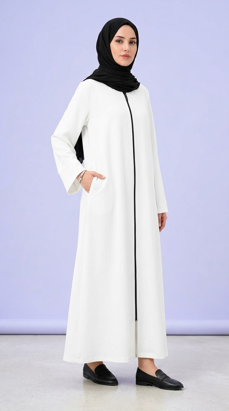 Plain Zip Abaya - White