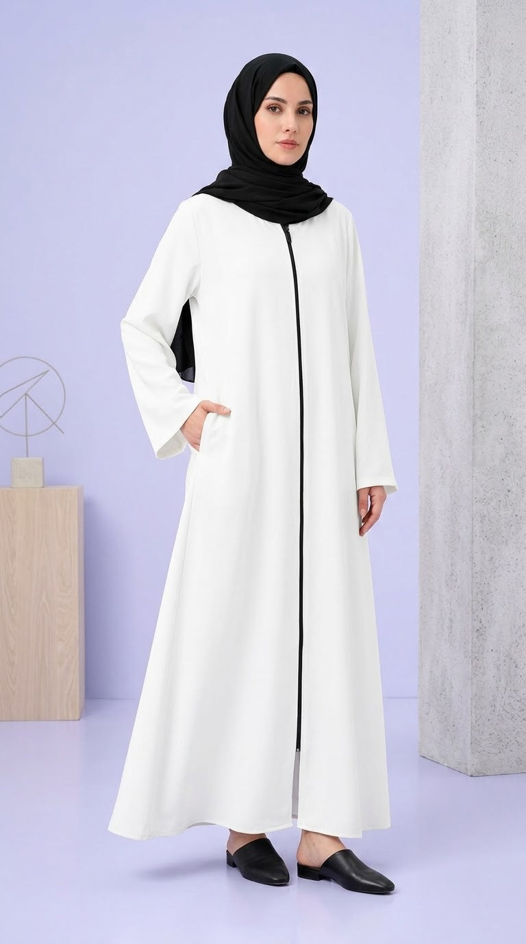 Plain Zip Abaya - White