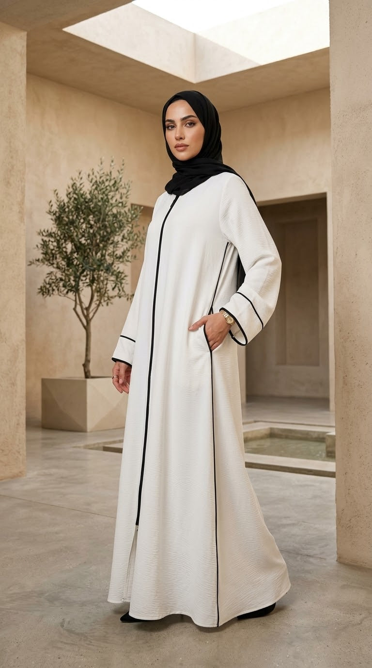 Plain Zip Abaya - White