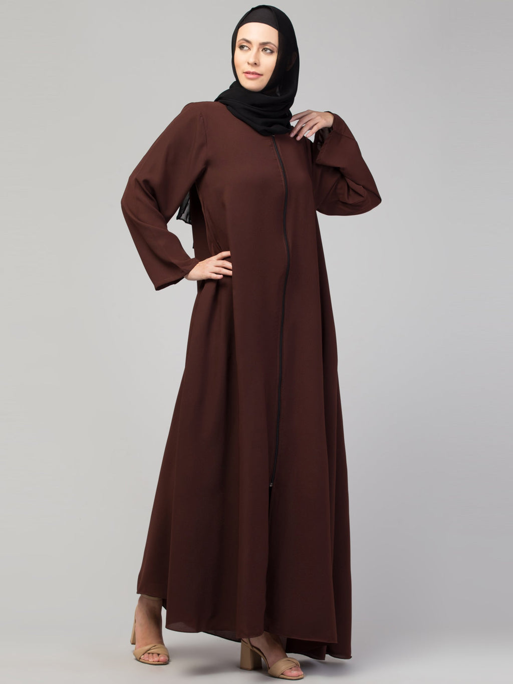 Plain Zip Abaya - Brown