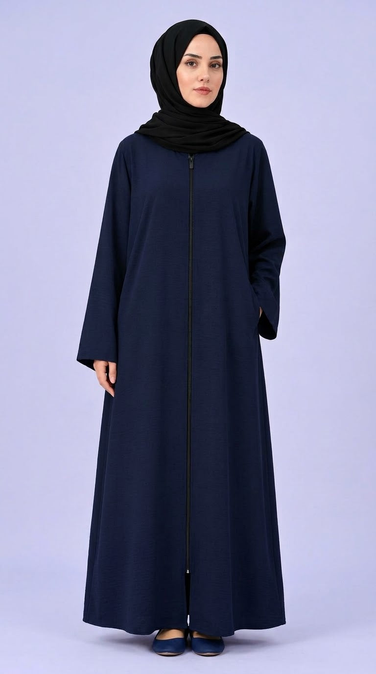 Plain Zip Abaya - NavyBlue
