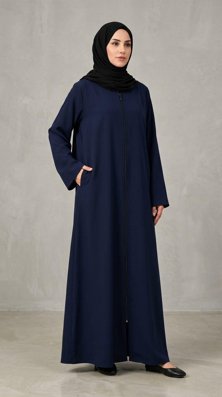 Plain Zip Abaya - NavyBlue