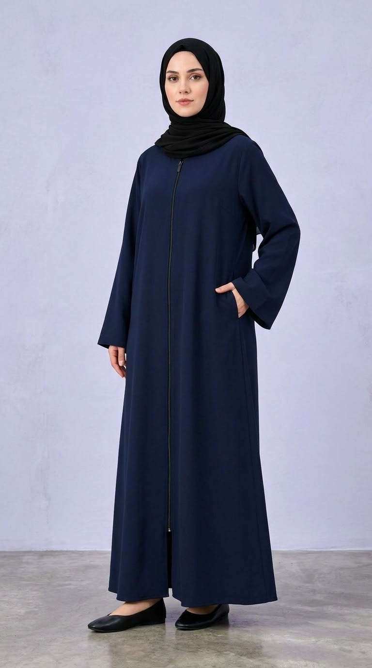 Plain Zip Abaya - NavyBlue
