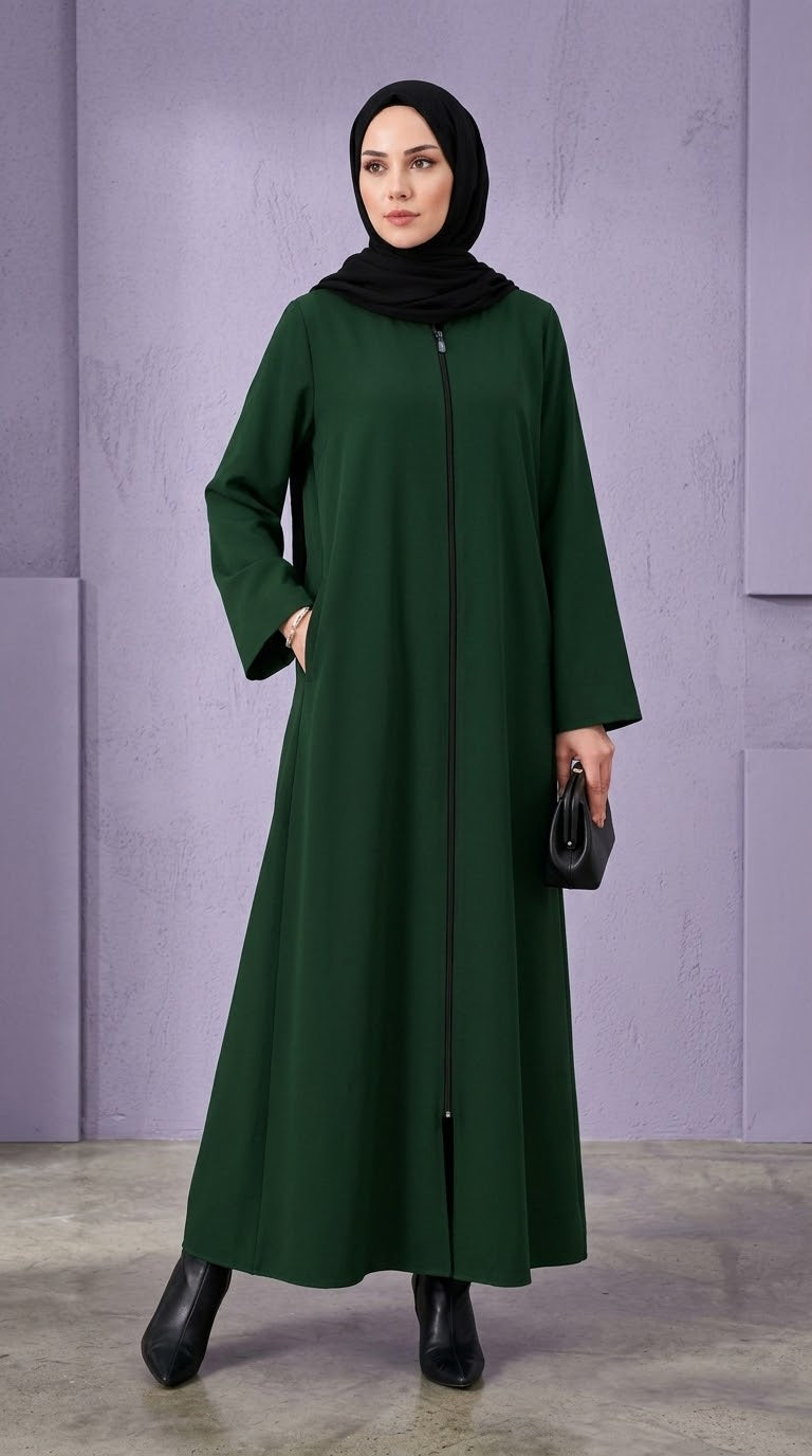 Plain Zip Abaya - Green