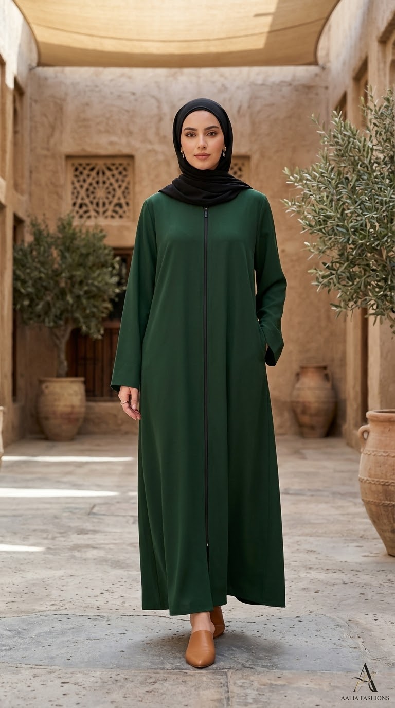 Plain Zip Abaya - Green