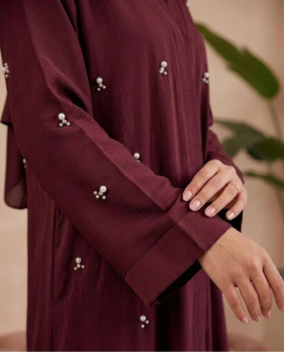Burgundy Pearl Embellished Abaya
