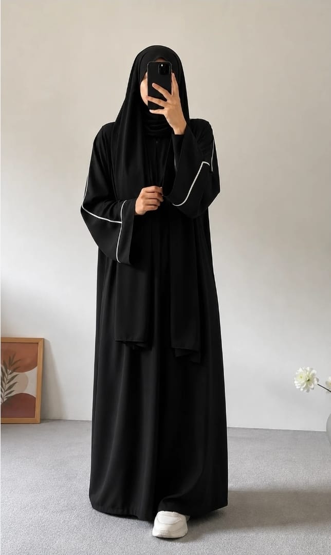 PLAIN ABAYA WITH WHITE LINEA - BLACK