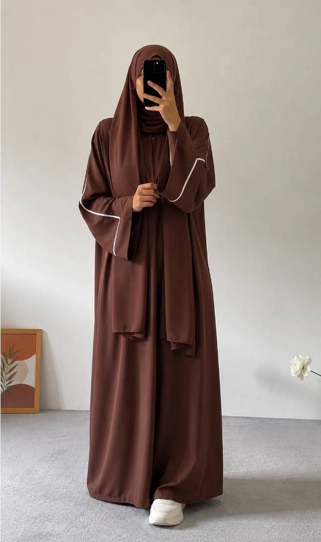 PLAIN ABAYA WITH WHITE LINEA - Brown