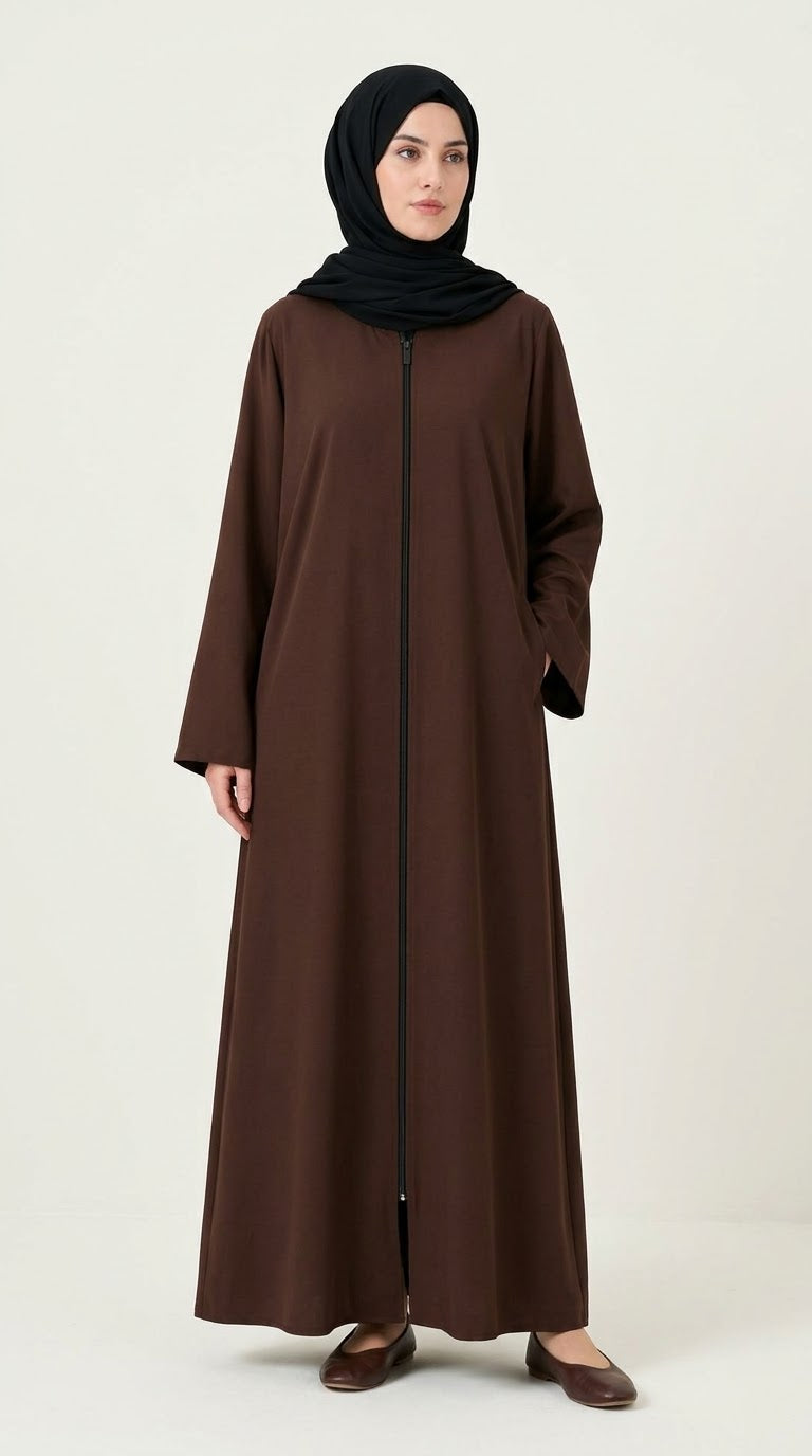 Plain Zip Abaya - Brown